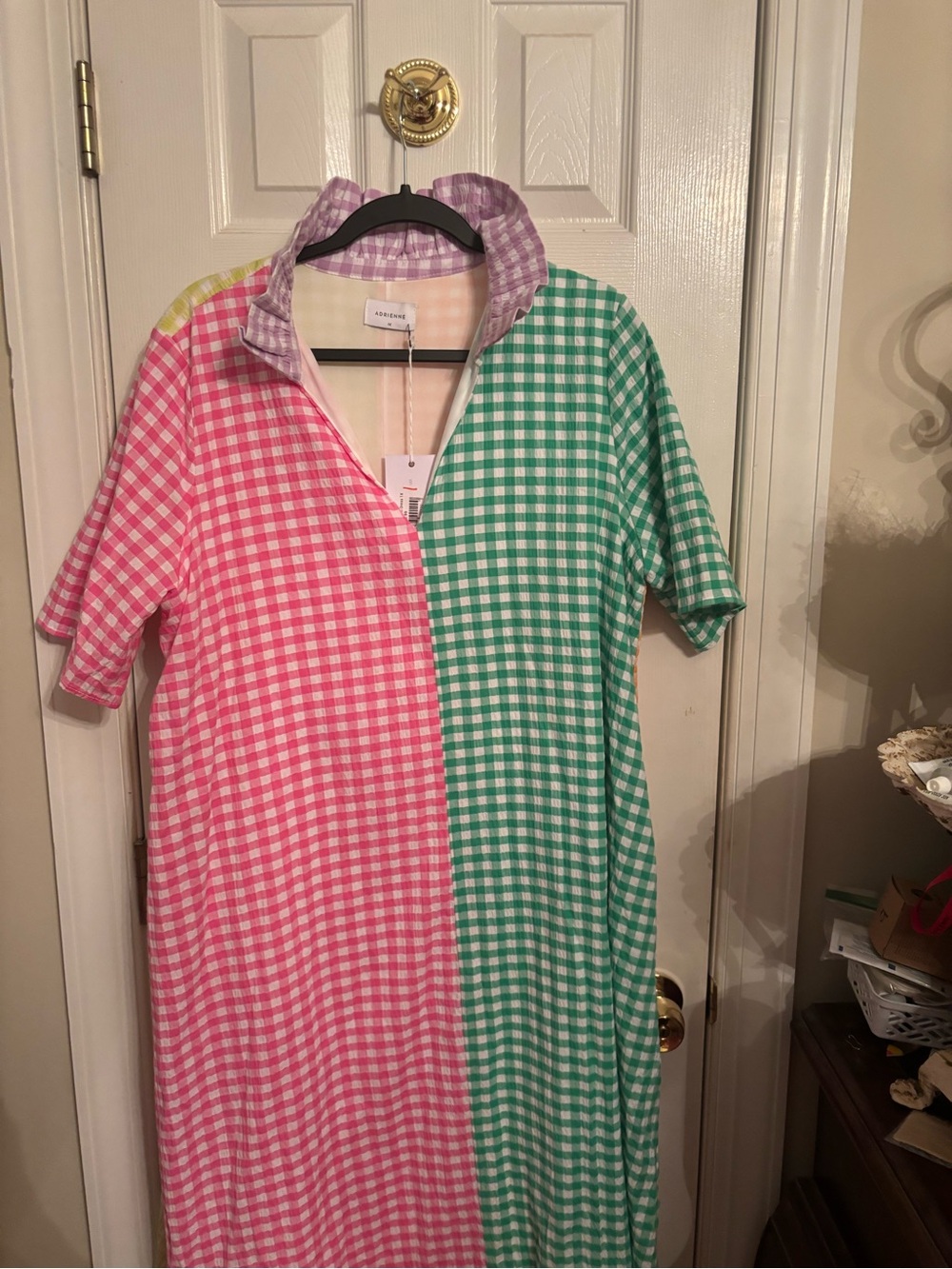 Adrienne Two-Tone Pink & Green Gingham Midi Dress